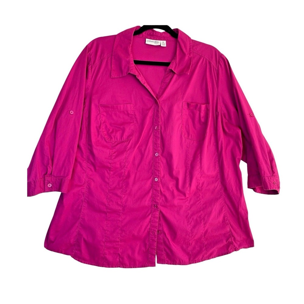 St. John's Bay Button Front Shirt Women 2X Magenta Pink Roll Tab 3/4 Collared‎